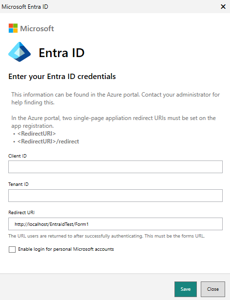 Picture showing the Entra ID Dialog Box. 